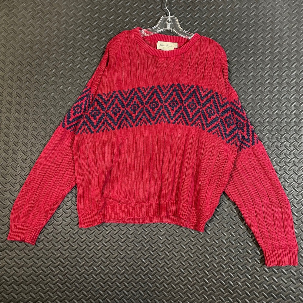 Vintage Eddie Bauer Red Design Crew Neck Cotton Knit Sweater Men's Size XL